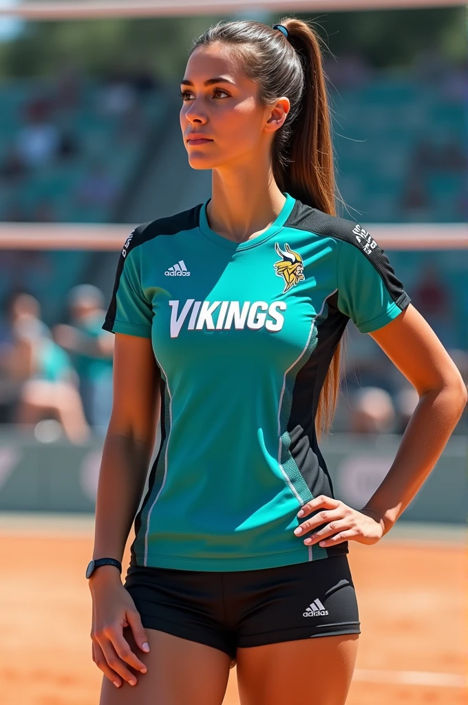 Women's turquoise black and white short sleeve volleyball uniform with Vikings logo
