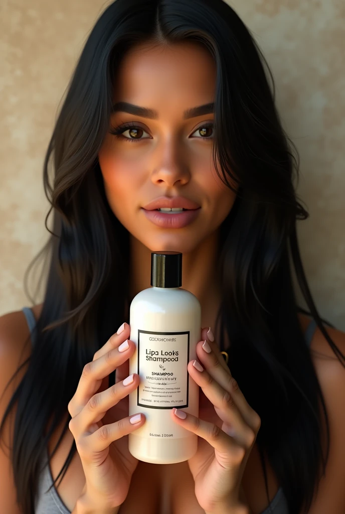 Latina woman with black hair, straight and long holding a shampoo that says lipa locks