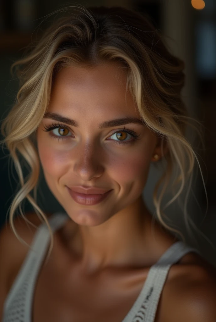 nuit, real decor, photographie originale, (((Très beau portrait))), (Très beau portrait))), 1 fille, fille sexy 2, celebrity ((Cheveux courts blond naturel)), [Brown eyes],Regarder la caméra avec un doux sourire(Low-cut), ((head of&#39;artwork, best quality, ultra detailed, Cinema lighting, intricate details, HD, 8k, very detailed)), detailed context, 8K  UHD, digital reflex camera, soft lighting, high quality, grain de film, FUJIXT3, shallow depth of field, natural light, visage parfait