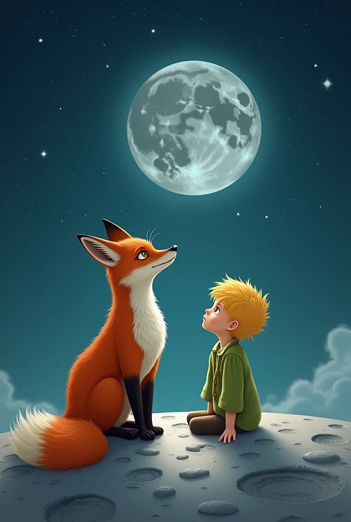 A fox and the little prince on the moon, looking at the stars and up in the sky it should say TEXTUAL: Commission N#1