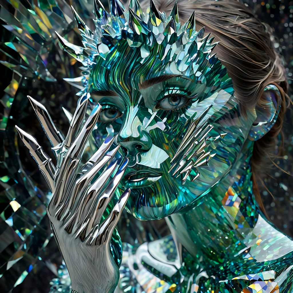 A haunting portrait of a figure with sharp, angular features, their face composed of fragmented, holding their hands up to their face, covering their eyes, shimmering glass shards, reflecting light in a kaleidoscope of colors. The jagged edges create an eerie, fractured look, with dark shadows enhancing the depth. Background blends with shattered glass patterns, blending into the figure, merging the subject with the environment. Ethereal yet unsettling atmosphere, with precise detailing and a surreal twist. Art style combines shattered realism with abstract form, utilizing techniques from photorealism, mixed media, and surrealism. Words: fragmented, jagged, iridescent, spectral, angular, prismatic, reflective, distorted, ethereal, eerie.