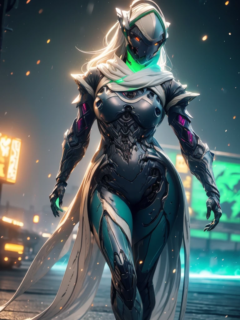 (masterpiece, top quality, best quality, official art, beautiful and aesthetic:1.2), full body view, detailed background, orokin background, warframe, depth of field, wide angle view, 

Action pose, action scene, gun in hand, armed, shooting, in combat, fighting,

Wisp outfit, (color:(white, grey, black, sea green glow, neon blue, bronze metal)), Wisp, - - - - pelvic curtain, scarf, human face, showing some skin, tiny healed scars, toned, glowing sea green neon parts, sea green neons, glowing green emission, floating in air, celestial, knight, sol gate, sword, infused, 

Beautiful young girl, human face, pretty, pale, long flowing white hair, seaweed green inner hair, dense hair, bangs, detailed hair, cute oval face, detailed eyes, perfect eyes, sea green eyes, glowing eyes, sweaty, detailed skin, perfect lips, slightly flushed cheeks, full lips, slightly parted lips, kind,

Tall, lean, fit, curvy, athletic, cyborg, mechanical parts, thick thighs, detailed legs, perfect legs, detailed arms, perfect arms, detailed hands, 

Sfw