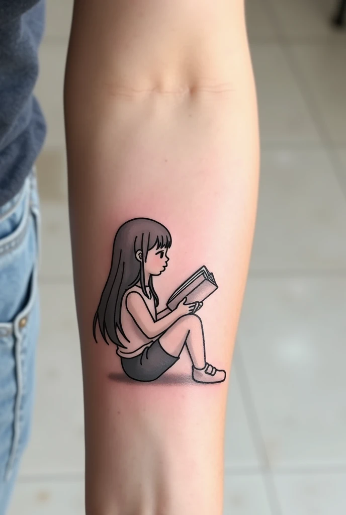**Description détaillée pour le tatouage :**
- **Silhouette** : Une jeune fille (enfants avec cheveux long) assise, vue de côté, tenant un livre ouvert sur ses genoux. Sa posture est détendue, les jambes légèrement repliées.
- **Style** : Minimaliste, avec des lignes fines et claires. Pas de remplissage noir à l'intérieur de la silhouette, juste les contours.
- **Taille** : Adaptée à l'avant-bras, ni trop grande ni trop .
- **Couleurs** : Principalement en noir, sans utilisation de couleurs vives, mais avec des nuances légères pour donner un peu de profondeur.