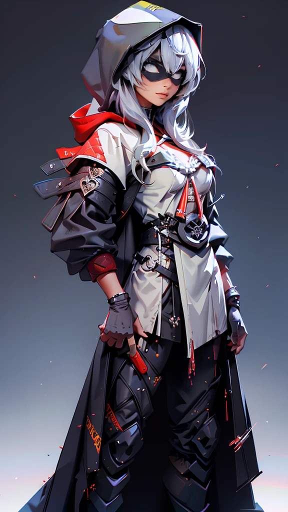 envision a 8k, highres, cinematic, beautiful full body concept art design of a ninja girl with pretty features posing dynamically with a katana  surrounded by deep red magical energy outlined by a red light with white multicolored hair, a white camisole, black jacket with hood up with light armor plates, katana's on her back, black eye mask with white eyes , in dark lighting, against a dark gray background
