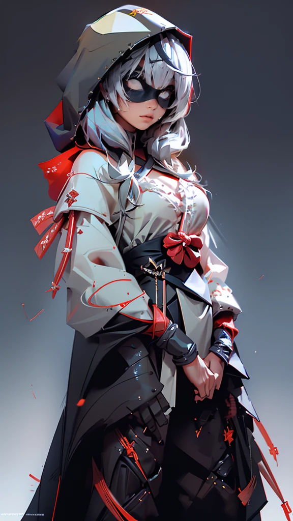 envision a 8k, highres, cinematic, beautiful full body concept art design of a ninja girl with pretty features posing dynamically with a katana surrounded by deep red magical energy outlined by a red light with white multicolored hair, a white camisole, black jacket with hood up with light armor plates, katana's on her back, black eye mask with white eyes , in dark lighting, against a dark gray background