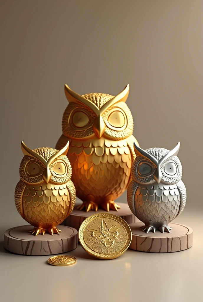Create 3 medals, of gold, silver and bronze owl shape separately in the same photo