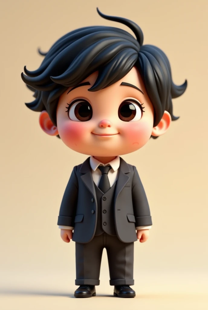 Baby in suit with small spot on left cheek short black wavy hair dark round eyes Pixar 3d