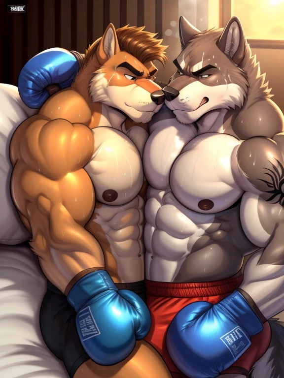 Duo male(Brown Dog fighting Gray wolf), handsomes(handsome hairstyle, Thick eyebrows, detailed face), gay(Lying down, cuddling embraced, nose to nose, body with body, on a bed match), hot(Shirtless), handsomes(They are handsomes, correct anatomy), musculosos(Big muscle bodies, Six packs, muscle abs, big pecs), sweaty(very sweaty wet bodies, shiny sweat), tatuajes(they have tattoos), grumpy(Both have an grumpy expression, grumpy teeths, steaming breath), boxing gloves(They both are wearing boxing gloves), Hight resolution, by(Zourik:1.1)