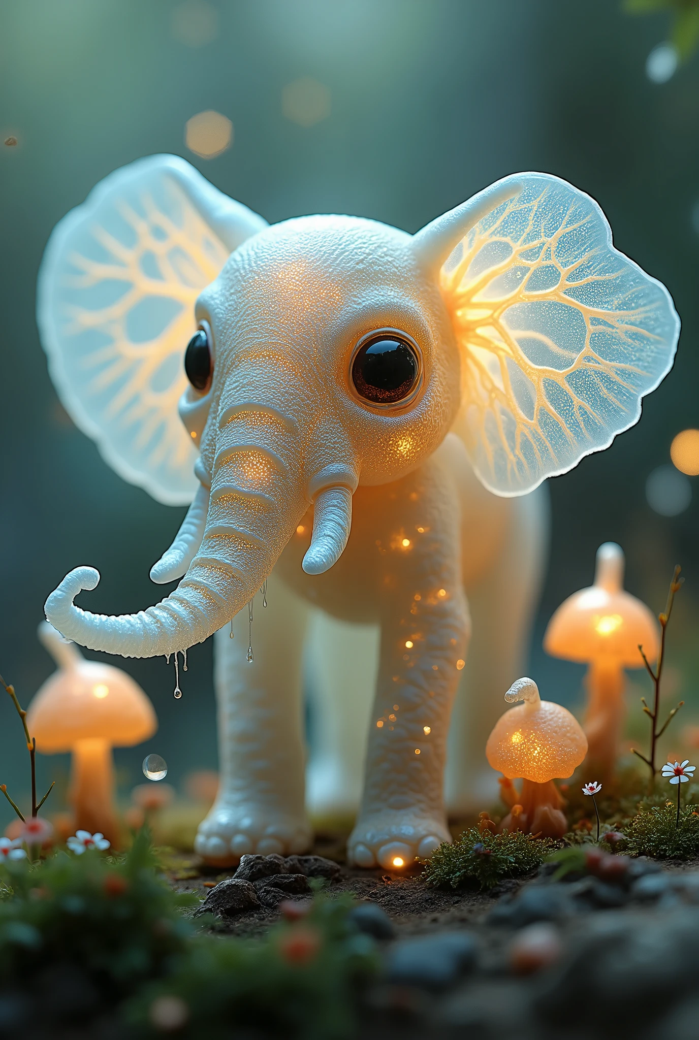 Meta tested - Generate a detailed image of a fantastical creature, resembling a hybrid of a elephant, with a translucent body. Place this creature in a miniature world, The overall atmosphere should be dreamy and magical, with a bokeh background that emphasizes the tiny, enchanting details of the creature and its surroundings. The style should combine elements of hyper-realism and fantasy, capturing the delicate textures and vibrant colors with stunning clarity