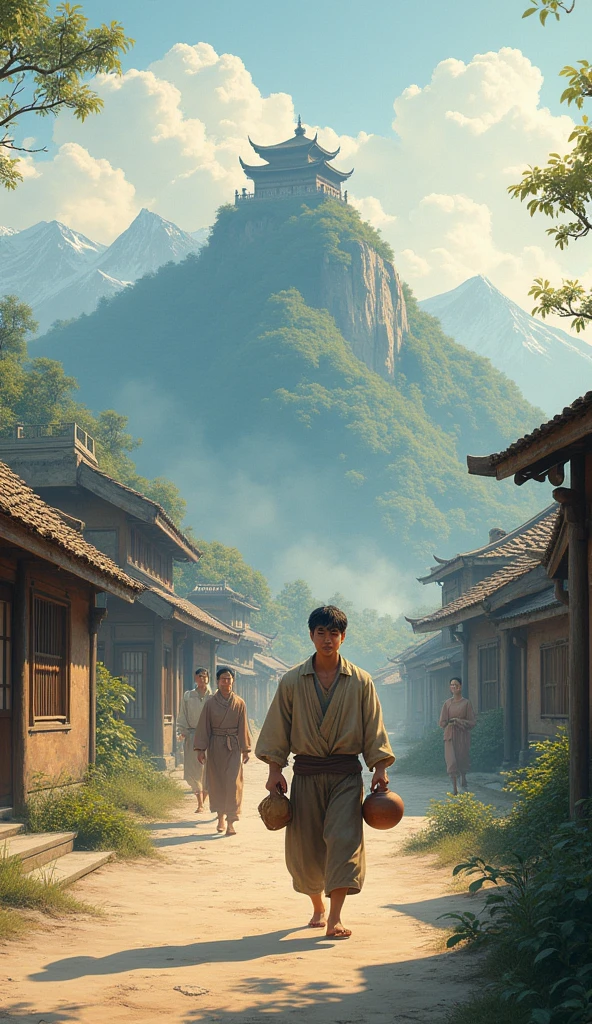a small, serene village surrounded by majestic mountains and shrouded in morning mist. The wooden and bamboo houses with thatched roofs are simple but welcoming. The focus of the image is Li, a humble-looking young man dressed in worn but clean clothes. He walks along the dirt roads, passing villagers who smile warmly at him. Li carries an old, cracked clay pot, holding it carefully as if it were his most precious possession. The expression on Li’s face is one of determination and serenity, reflecting his resilient character. In the background, the master’s great temple, perched on a hilltop, stands imposingly, surrounded by flowering trees. The sky is tinged with soft shades of pink and orange, signaling the beginning of a new day full of promise.