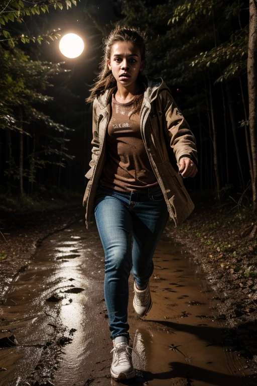create an image of a teenage girl with a scared face and expression on a terrifying night in a dense forest with a beautiful full moon night. full body image she is running as if she were escaping she is wearing a coat jeans and sneakers dirty with mud short brown girl