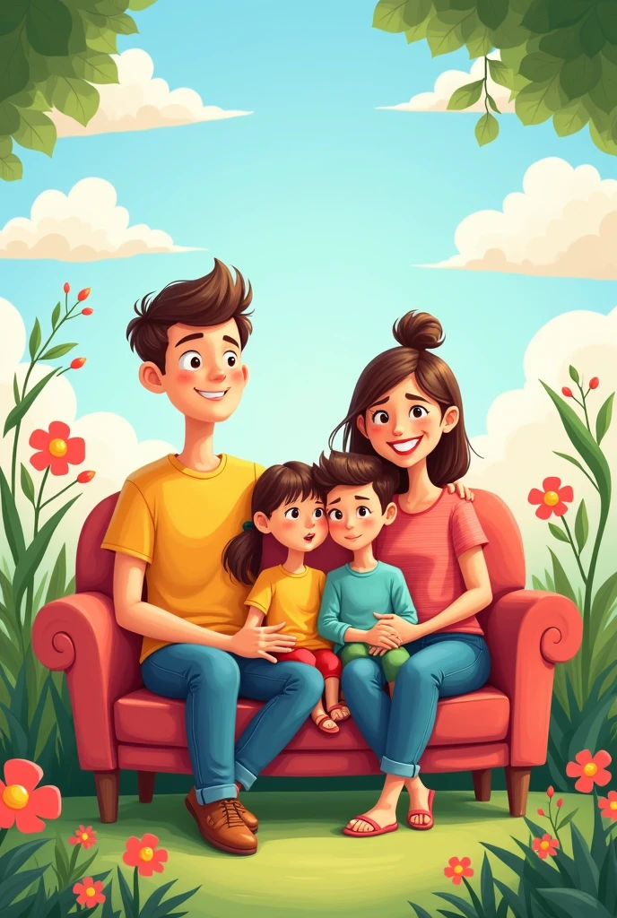 Illustration of a family with a father, Mother, son and daughter sitting on the couch in a childish drawing style; The drawing must not present realism, adopting a cartoon style. for a cover of a family guide. Place flowers and leaves around and the sky with clouds in the background