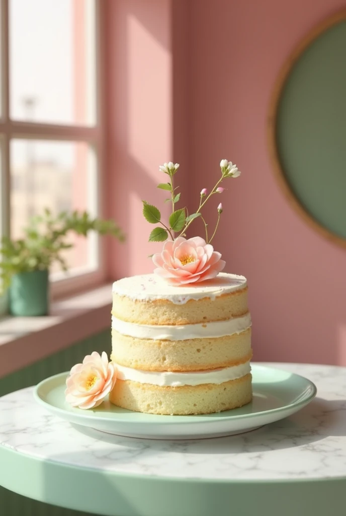 Create a bakery in pink and green tones, cake called Cafuné, that has a romantic and minimalist touch 