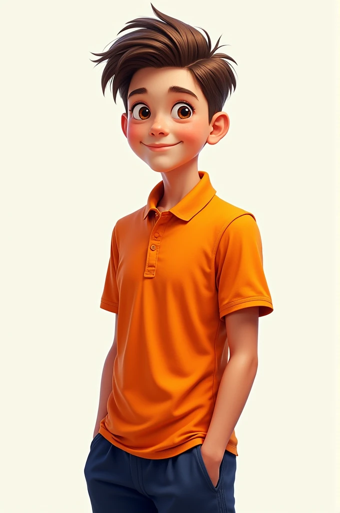 Drawing of a boy with an orange polo shirt and a navy blue sports suit