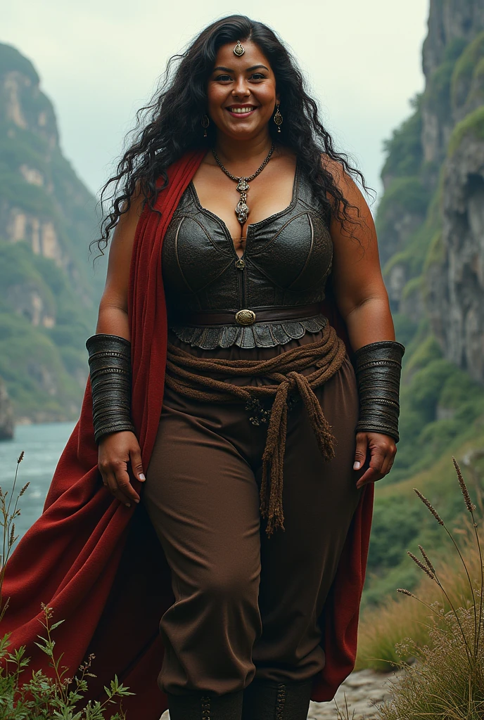 a medieval woman, viking, wearing pants and long sleeves, with Brazilian features. She is smiling in a charismatic way. The woman must be very fat, with barbaric style. Use the character Luisa Forte and Terry Crews as references