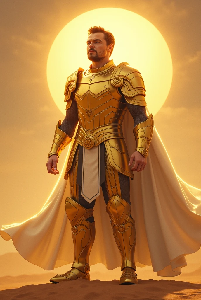 Illustrate actor Leonardo DiCaprio as a Dungeons and Dragons paladin, without helmet, powerful and golden armor, white and magical cape, Leonardo DiCaprio&#39;s detailed face, in a sandy region with two suns shining in the sky in the background. 8k realistic