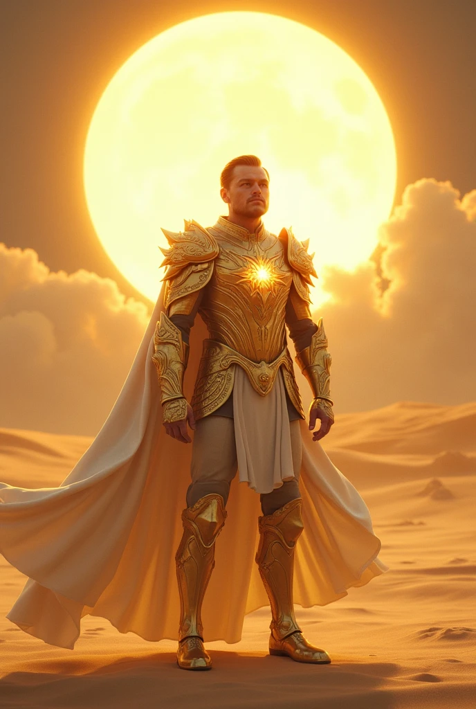 Illustrate actor Leonardo DiCaprio as a Dungeons and Dragons paladin, without helmet, powerful and golden armor, white and magical cape, Leonardo DiCaprio&#39;s detailed face, in a sandy region with two suns shining in the sky in the background. 8k realistic