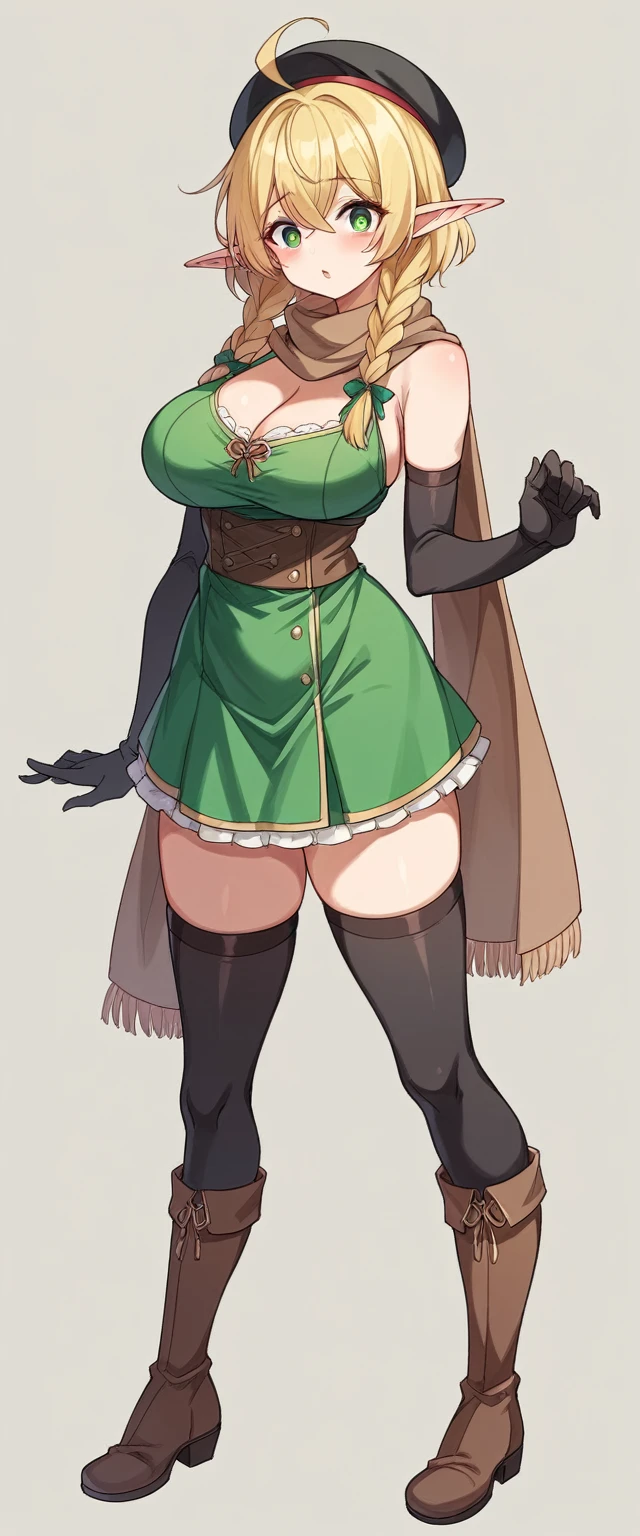 Elf、1 female、women only、short hair、twin braids、ahoge、blonde、(thin)、Big Breasts、expensive、Hollow Eyes、Black elbow gloves、((black thigh highs))、little black beret、Brown scarf、Green dress、Brown boots、(full body)、Are standing、thin太もも、shoulder、belly button、isekai、fantasy、front