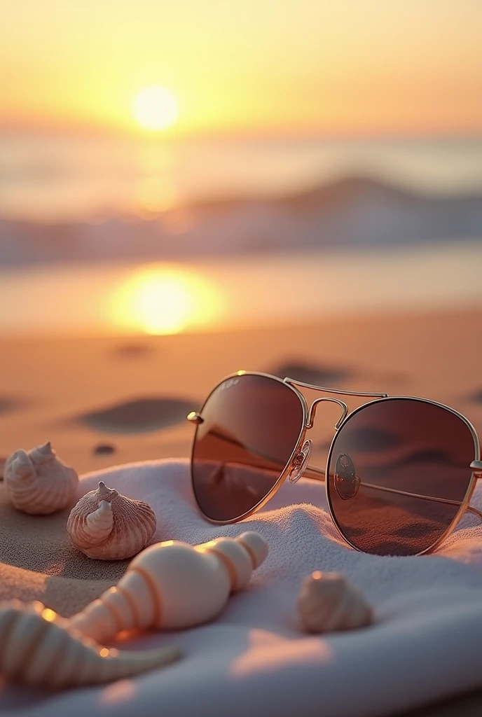 (photorealism:1.2), small seashells and a pair of Rayban sunglasses on a beach towel at sunset
