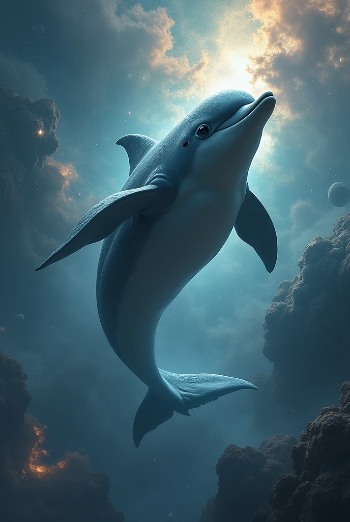 A dolphin with a strong human body flying over the galaxies