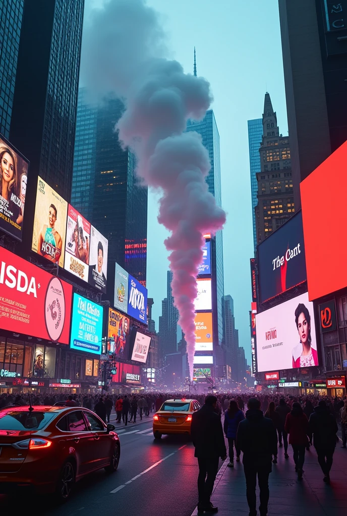 generates an image of time square in new york with an image of cigarette smoke in the middle