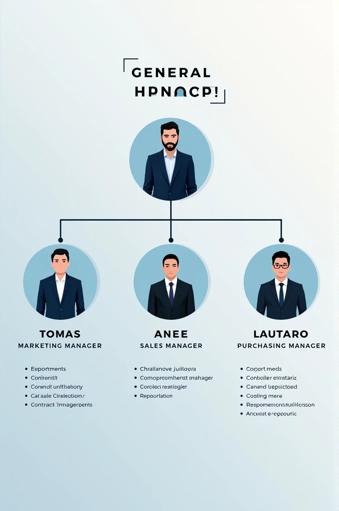 Horizontal Organization Chart, Each of the following people fulfills a role:

Mariano Brizuela : General manager.
Tomas: marketing manager.
dante: Sales Manager.
lautaro: Finance Manager.
EMILIO:Purchasing Manager.