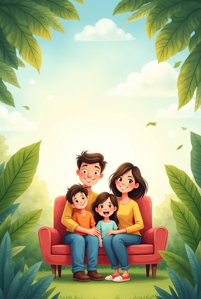 Illustration of a family with a father, Mother, son and daughter sitting on the couch in a childish drawing style; The drawing must not present realism, adopting a cartoon style. for a cover of a family guide. Place leaves around and the sky with clouds in the background and watercolor tones