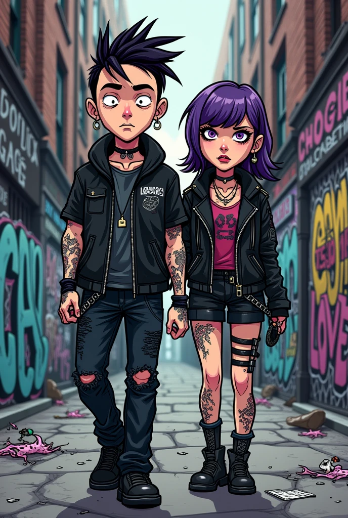 Create a punk cartoon image of a couple walking down a graffiti-filled street, the hip hop style boy and the gothic style girl, that the design is a kind of cyberpunk illustration but in cartoon form, The two tattooed and white with serious and gloomy faces, write the illustrations of the band gorillaz with a more sinister effect and write the illustration of love death and robots in the witness. The girl with purple hair and piercings without so many tattoos