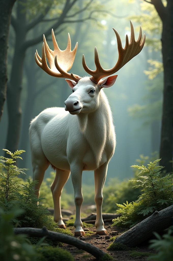 An albino moose in the deep forest, facing sideways.