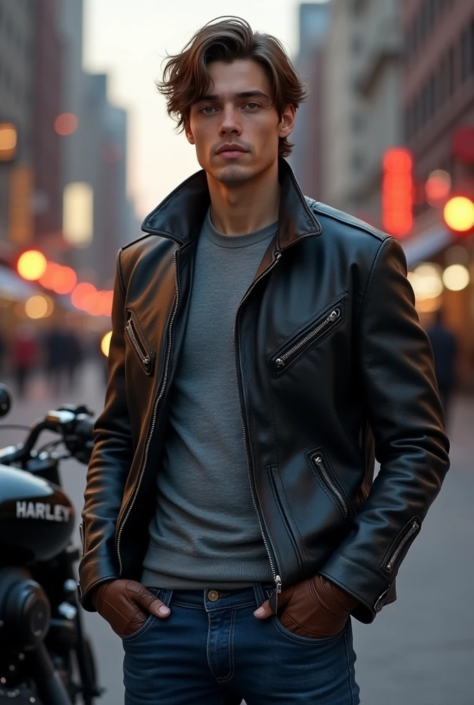 20 year old man, Without beard, flowing brown hair, grey fitted shirt, leather jacket, blue jeans and black boots, both hands with leather gloves. city background, Harley motorcycle behind, detailed, from reality, evening.