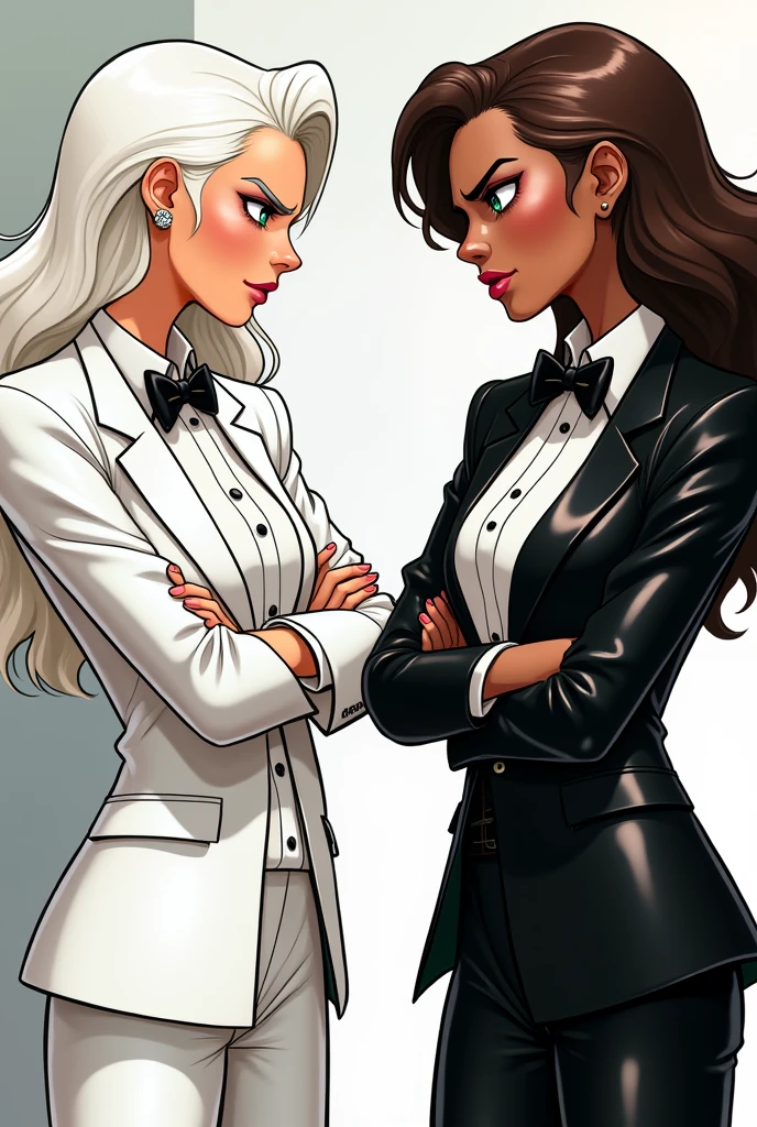 a girl with white hair, who is wearing a shiny white tuxedo is looking angrily at another girl who has dark skin and is brown-haired and is wearing a shiny black tuxedo. Both girls looking angrily at each other while standing with their arms crossed. The white-haired girl is on the left side while the dark-skinned girl is on the right side.. estilo comic 2d