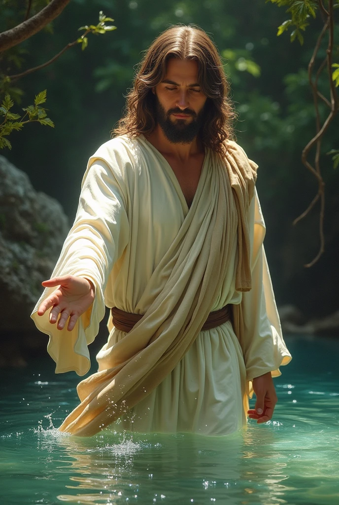 Jesus in the water with his hand extended into the water