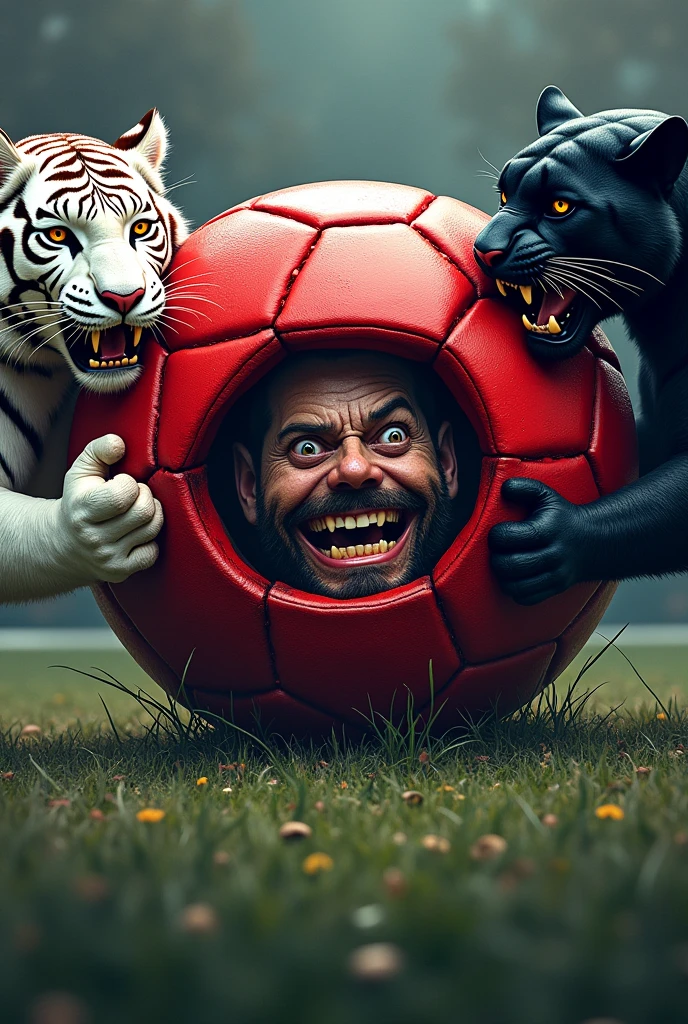 Logo of a red soccer ball with a face inside the ball of a crazy animated schizophrenic holding the ball the white bengal tiger and the black panther for goal schizophrenics