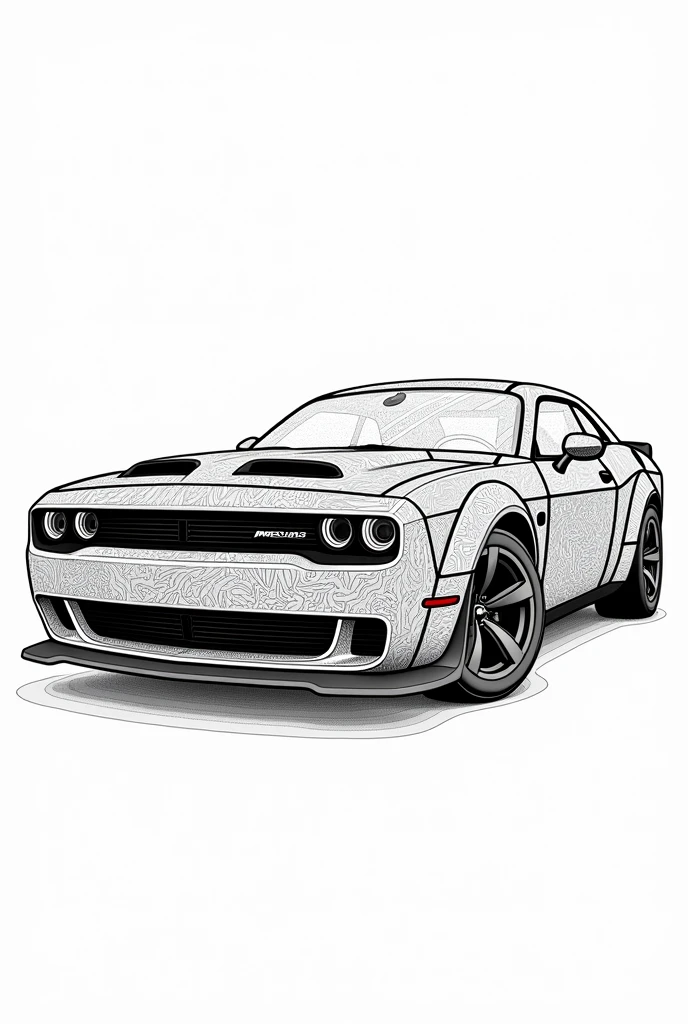 Mandala illustration, coloring car, with white background, bold, outline style, no shadows, no details, hyper realistic style, best quality, no GRAY, coloring book, BLACK LINES, 11,000 HP Dodge Hellcat Drag Racer, mandala style