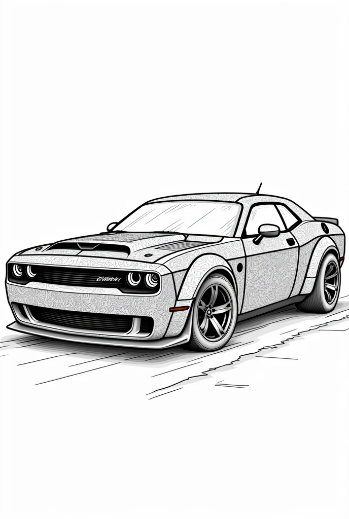 Mandala illustration, coloring car, with white background, bold, outline style, no shadows, no details, hyper realistic style, best quality, no GRAY, coloring book, BLACK LINES, 11,000 HP Dodge Hellcat Drag Racer, mandala style