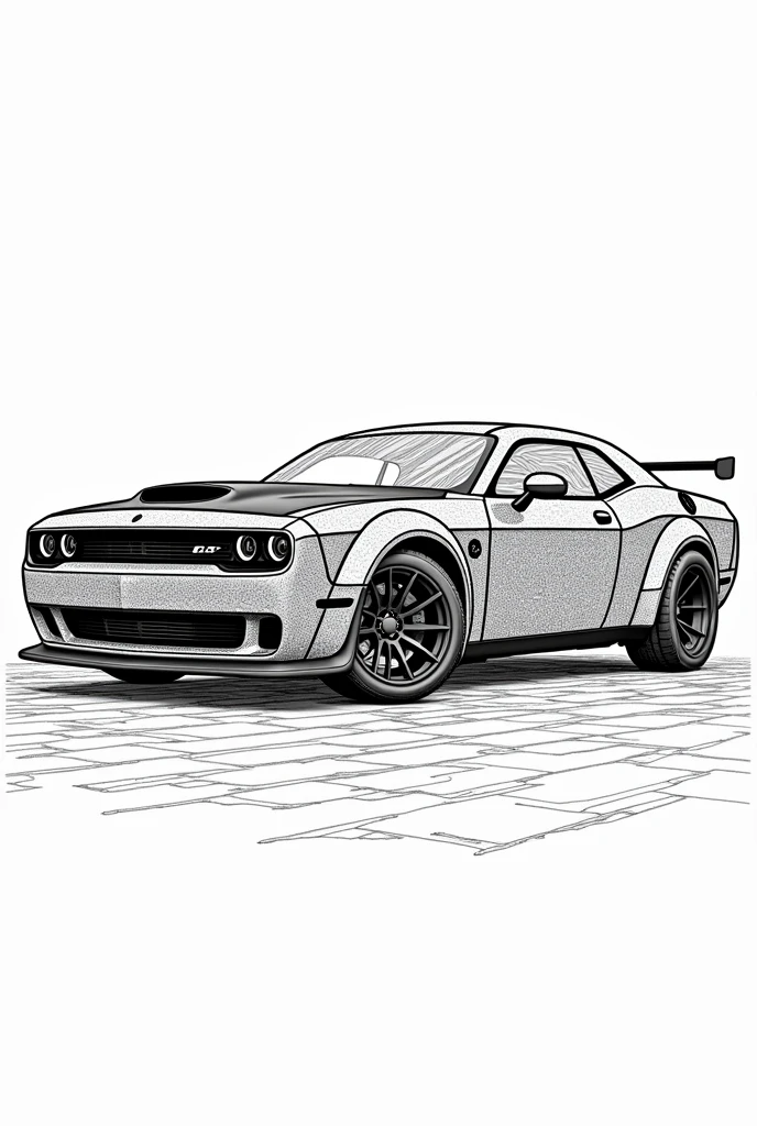 Mandala illustration, coloring car, with white background, bold, outline style, no shadows, no details, hyper realistic style, best quality, no GRAY, coloring book, BLACK LINES, 11,000 HP Dodge Hellcat Drag Racer, mandala style
