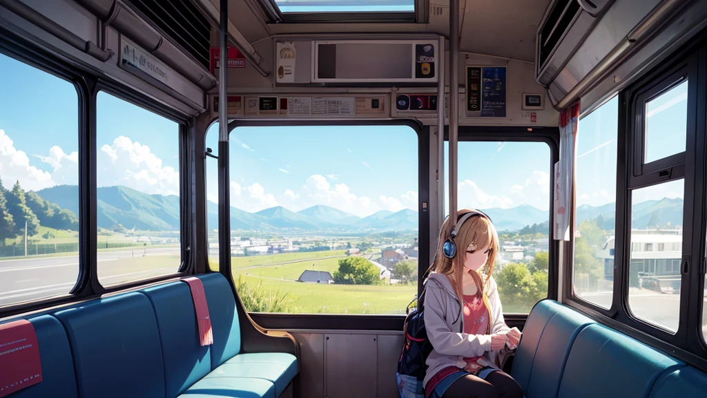 Create a girl with headphones listening to music sitting on a bus. That in the bus window you can see a beautiful landscape with a sunny atmosphere.