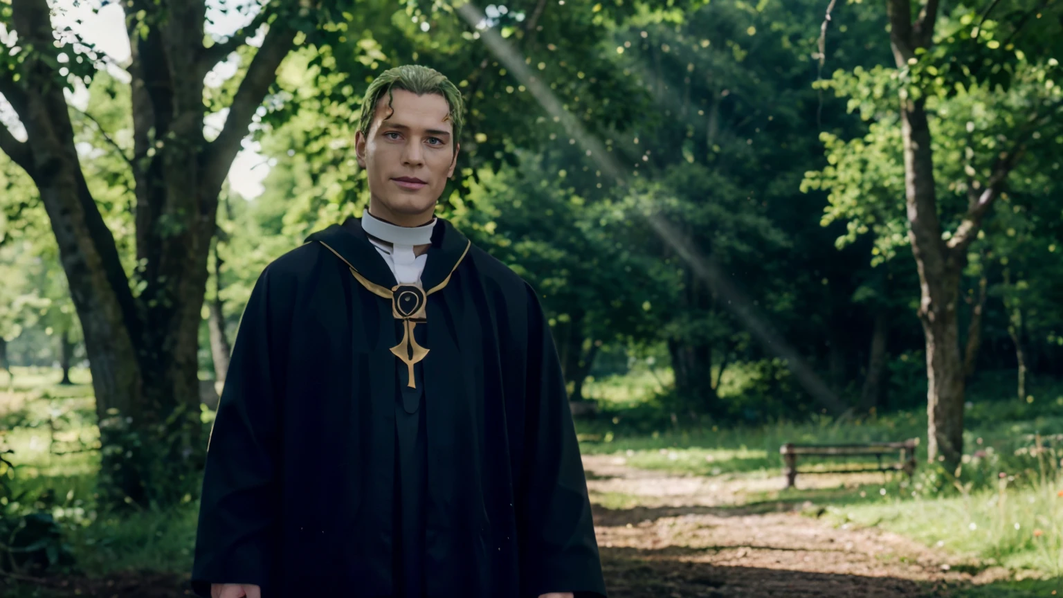 priest, cloak, Nature, sunlight, GREEN HAIR.