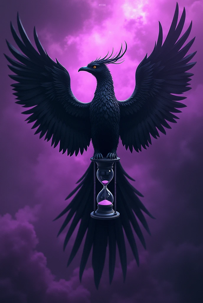 Purple background with a black phoenix, holding an hourglass written "Copernicus" written in larger white with a black outline on top