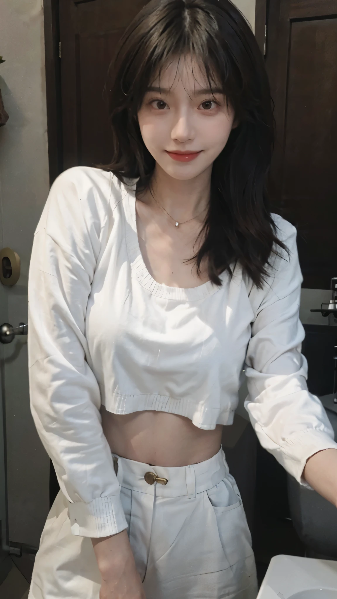 best qualtiy， Ultra-high resolution， （realisticlying：1.4），cute hairpin，Baoyu Girl，1girll,Cropped red sweater ，Beautiful woman with a slim figure:1.4, abs:1.1, (A brown-haired, mideum breasts:1.3), bathroom,Ultra-fine face，Elaborate Eyes，double eyelid，ssmile，choker necklace