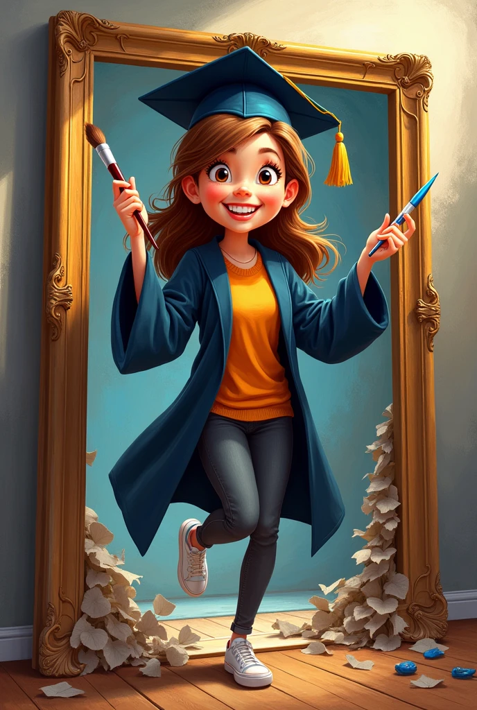 A fine arts graduate comes out of a frame painted with oils, holding a brush and a pen in his hand Wearing a graduation uniform, he runs happily
cartoon drawing 3d drawing was outline, more detail