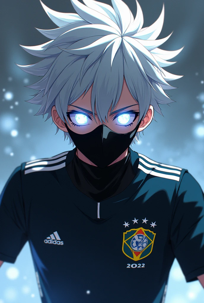 male anime type character with white hair a little pointy , with rock lights in the eyes ,and a black mask with a Brazil team shirt from the 2022 World Cup
