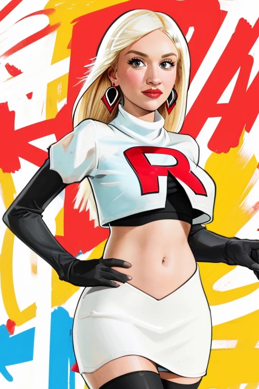 The face of Gwen stefani, 1girl, solo, team rocket,team rocket uniform,white skirt,red letter R,crop top,black thigh-highs,black elbow gloves, earrings, large breasts, 