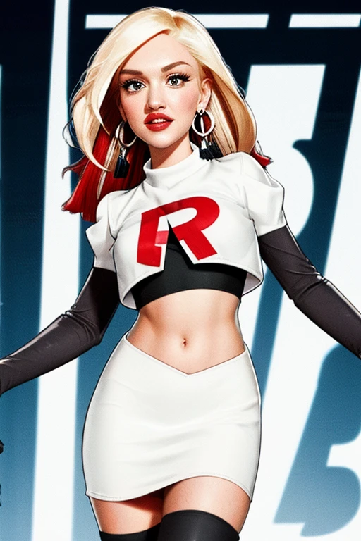 The face of Gwen stefani, 1girl, solo, team rocket,team rocket uniform,white skirt,red letter R,crop top,black thigh-highs,black elbow gloves, earrings, large breasts,