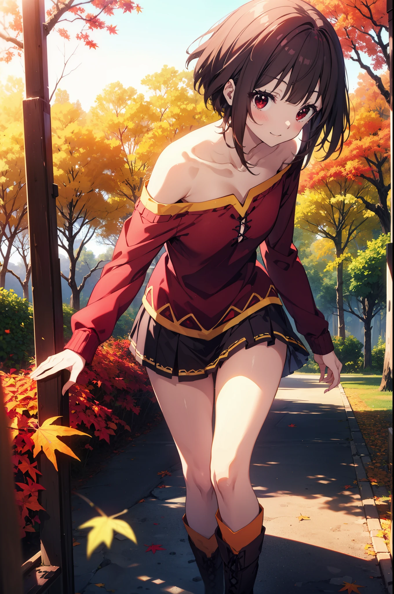 konosubaMegumin, Megumin, short hair, Black Hair, (Red eyes:1.3), short hair with long locks,smile,One-shoulder sweater,mini skirt,black tights,short boots,autumn leaves,autumn leavesが積もっている,autumn leavesが散っている,Walking,Daytime,Clear skies,whole bodyがイラストに入るように,
break outdoor, forest,
break looking at viewer,whole body, 
break (masterpiece:1.2), Highest quality, High resolution, unity 8k wallpaper, (figure:0.8), (Beautiful attention to detail:1.6), Highly detailed face, Perfect lighting, Highly detailed CG, (Perfect hands, Perfect Anatomy),