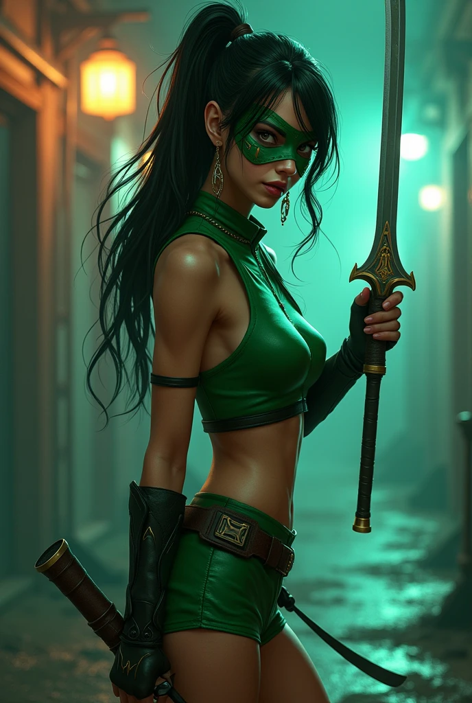 female character inspired by AKALI, but with the name Alexis. She wears short green clothes and shows off her slender body., his ninja weapons while hiding his identity with a persona mask over his eyes 