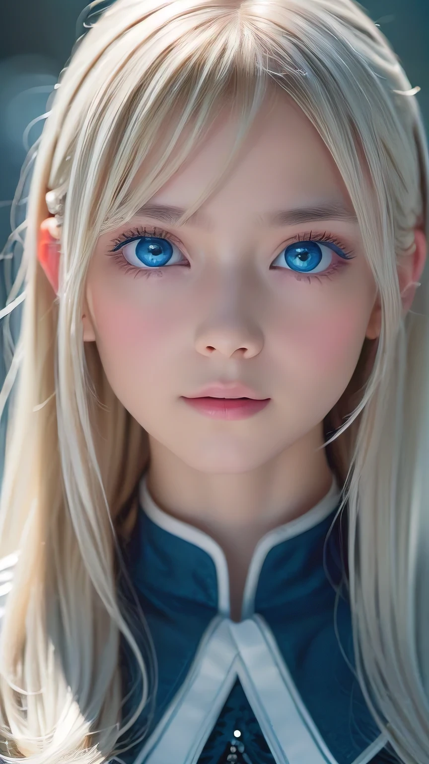 Highest quality、8K masterpiece、Ultra-high resolution、(Realistic:1.3)、RAW Photos、 Scandinavian girl with shiny blonde hair、Silvery blonde hair、Super long straight hair、Bangs between the eyes、Bangs that fall over the eyes、Bangs over one eye、Bangs between the eyes、White and glowing skin、1. Cyberpunk Super Beautiful Soldier、((Ultra-Realistic Details))、Portraiture、Global Illumination、Shadow Realm、Octane Rendering、8k、Ultra Sharp、metals、Cool colors、、Very intricate details、Realistic Light、Trends of the CG Association、Very beautiful big bright blue eyes、Very big eyes、Eyes shining at the camera、Neon Details、Small Face Beauty、Round face、Cheek highlight
