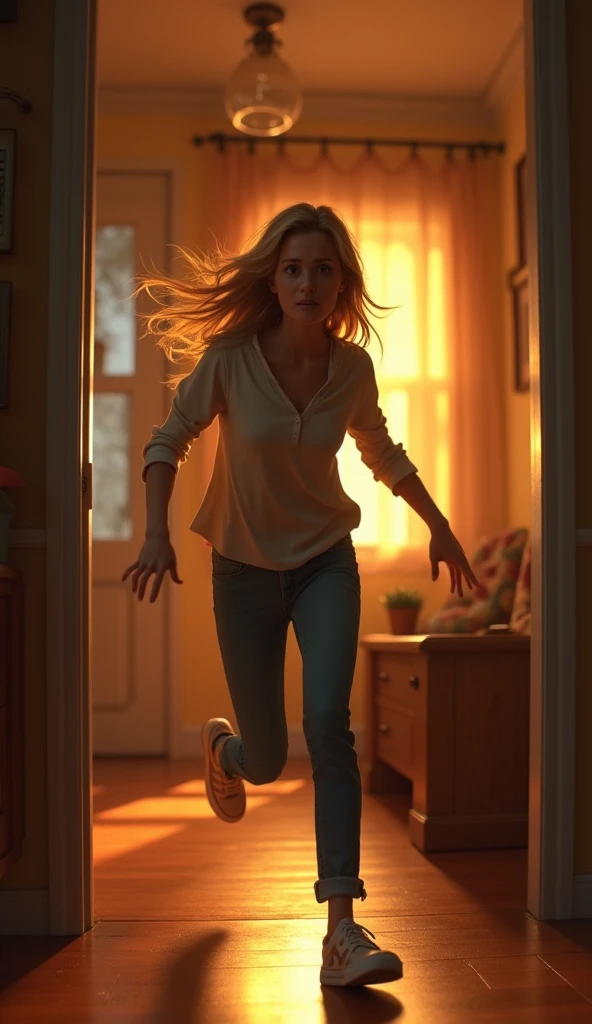 A scared blonde young woman running inside her house, at evening, pixar style, cinematic, masterpiece, high-aesthetic, portrait