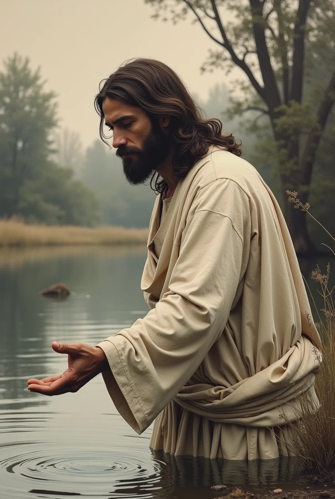 Jesus with his hand extended into the water
