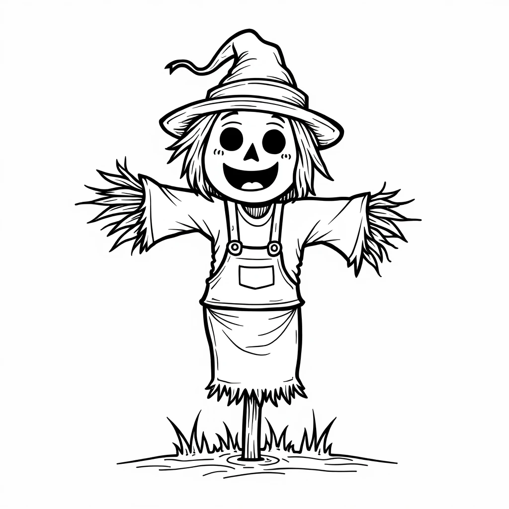 Cute and Spooky Halloween horror Scarecrow coloring Page, simple for toddlers, bold and easy, black boldlines, White background, for a coloring book black and white, line art, only outlines, but the design is simple and bold, no greyscale